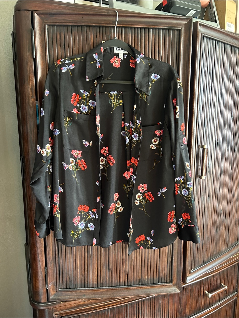Express Black Floral Button-Down Shirt with Red & Purple Blooms